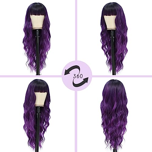 NAYOO Long Purple Wigs with Bangs for Women Curly Wavy Hair Wigs Heat Resistant Synthetic Fiber Wigs for Daily Party Use 26 Inches (Ombre Purple) - Image 2