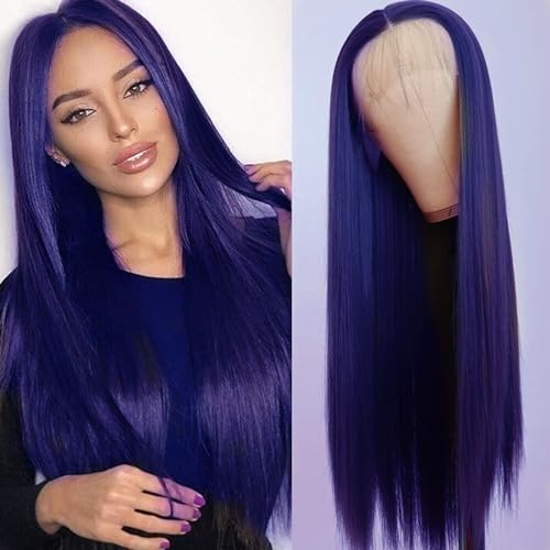 Blue Lace Front Wigs for Fashion Women Long Straight Navy Blue Synthetic Lace Front Wigs Pre Plucked Natural Hairline Heat Resistant Fiber Hair Wig Glueless Synthetic Lace Wig 22 Inch Cosplay - Image 2