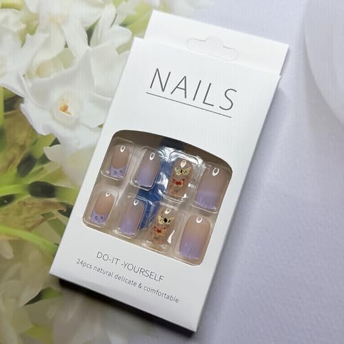 Medium Square French Tip Press on Nails - Purple Gradient with Gold Foil - 24 Piece Set - Image 6