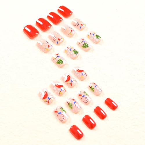 24 Pcs Christmas Nails Extra Short Press on Nails Square Nails Christmas Fake Nails Cute Colored Lights & Christmas Hat Designs Red False Nails Xmas Stick on Nails for Women Girls DIY Manicure - Image 4