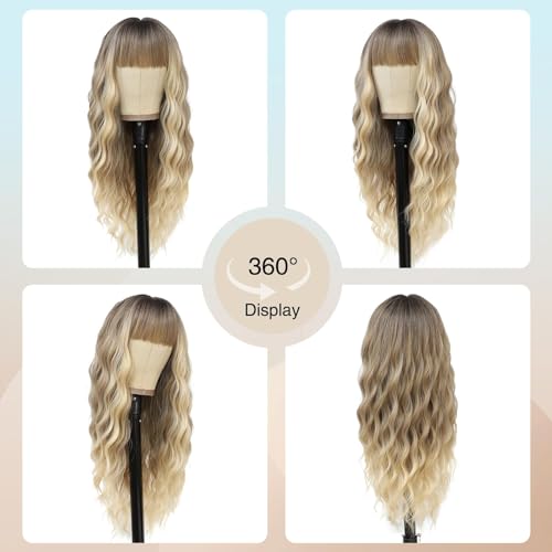 Blonde Wavy Wig with Bangs for Women, 26 Inch Long Blonde Wigs with Bangs for Women, Natural Looking Curly Blonde Wig, Heat Resistant Synthetic Wig, Middle Part Ombre Blonde Wavy wig for Daily - Image 5