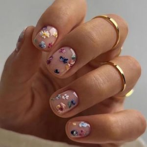 24 Piece Short Square Spring Nude Pink Press On Nails with Flower Design Manicure Set