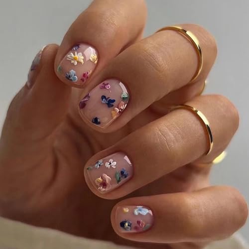 24 Piece Short Square Spring Nude Pink Press On Nails with Flower Design Manicure Set