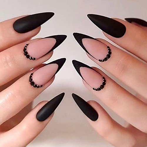 IMSOHOT Medium Press on Nails Almond Matte Black Fake Nails French Tips Acrylic False Nails with Rhinestone Designs Full Cover Glue on Nails for Women 24Pcs