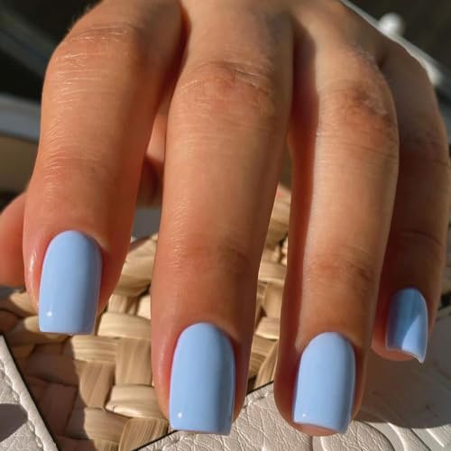 KQueenest 30 Piece Baby Blue Short Medium Square Acrylic Press On Nails Set - Daily Wear