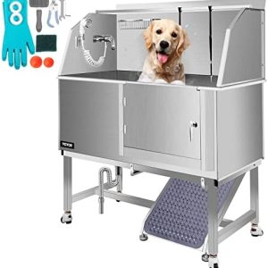 VEVOR Dog Grooming Tub, 50" R Pet Wash Station, Professional Stainless Steel Pet Grooming Tub Rated 330LBS Load Capacity, Non-Skid Dog Washing Station Comes with Ramp, Faucet, Sprayer and Drain Kit