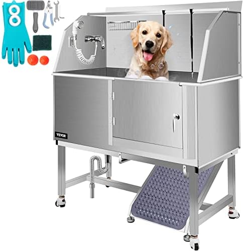 VEVOR Dog Grooming Tub, 50" R Pet Wash Station, Professional Stainless Steel Pet Grooming Tub Rated 330LBS Load Capacity, Non-Skid Dog Washing Station Comes with Ramp, Faucet, Sprayer and Drain Kit