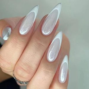 MISUD Chrome Press on Nails Long Stiletto Fake Nails Glossy Glue on Almond Nails Silver French Tip Acrylic Nails Bling Aurora Artificial Nails Sparkly Pearl Flash False Nails with Design 24 pcs