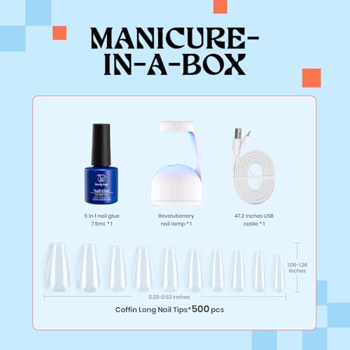 Gel Nail Tips 500Pcs Coffin Long Fake Nails with 7.5ml UV Nail Glue & Smart Gel Nail Lamp โ Easy DIY Nail Art, Durable Acrylic Nail Tips, Quick-Dry Soak off Multi-Use Glue for Home Manicure - Image 2