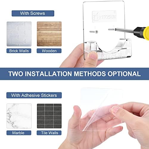 Adhesive Shower Curtain Rod Holder – Kitosun Wall Mount Bathroom Tension Pole Retainer Brackets with Sticky Tape for Quick Stick on and Stainless Steel Screws for Drilling Installation (Transparent) - Image 3