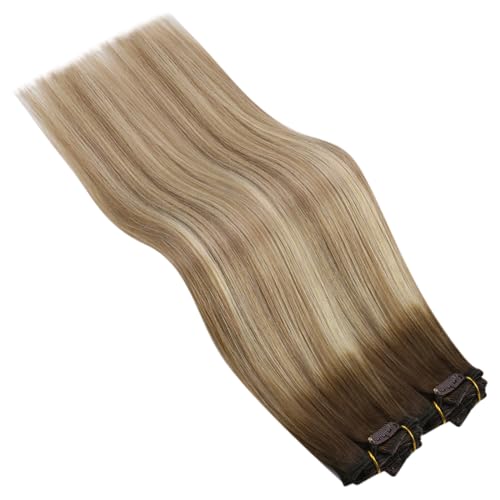 Ugeat 18 Inch Ombre Clip-In Human Hair Extensions Dark Brown to Ash Blonde Balayage 7pc Set 120g - Image 8