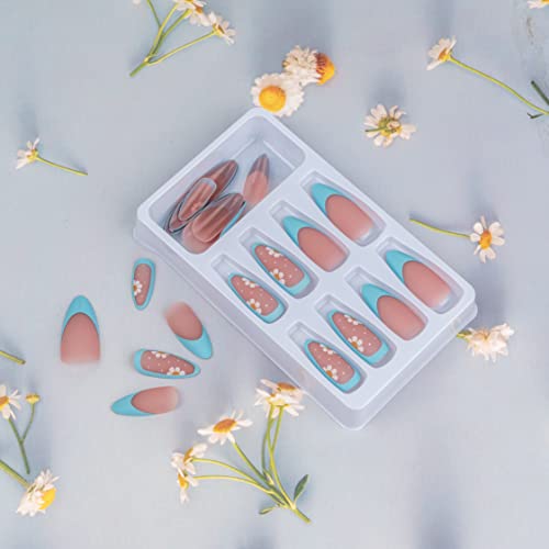 24 Pcs Pink Press on Nails Medium Length Almond Shaped False Nails White Flower Glue on Nails Yellow Designs sun frosted Acrylic Full Cover for Women Girls French Nail Art Decorations - Image 3