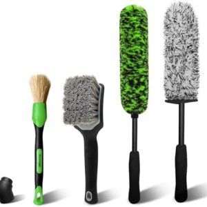 Green 4 Pack Microfiber Car Wheel Brush Kit Long Handle Bendable Rim Cleaner