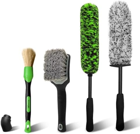 Green 4 Pack Microfiber Car Wheel Brush Kit Long Handle Bendable Rim Cleaner