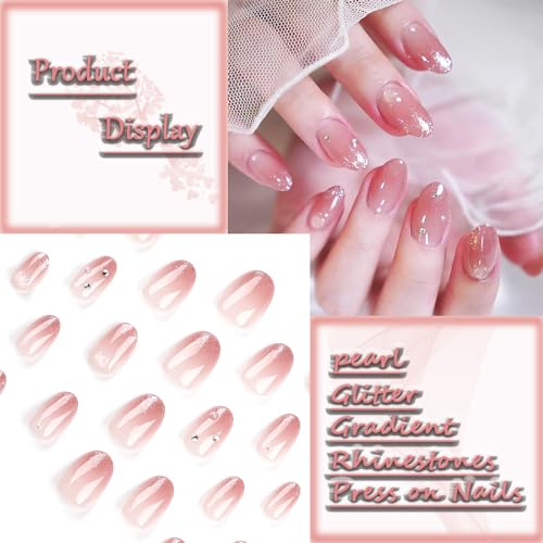 Glitter French Tips Press on Nails Short Oval with Blush Ombre Design, Glossy Rough Gradient Acrylic False Nails Stick on Nails for Women Girls, Rhinestones Manicure Art Fake Nails Gel Glue on Nails - Image 2
