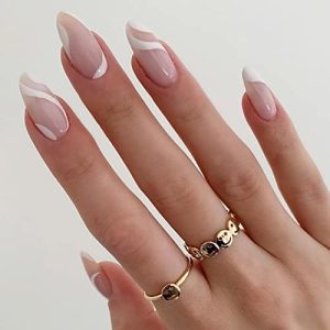 24 Piece Medium Almond White Swirl Press on Nails Kit with Glue for Women