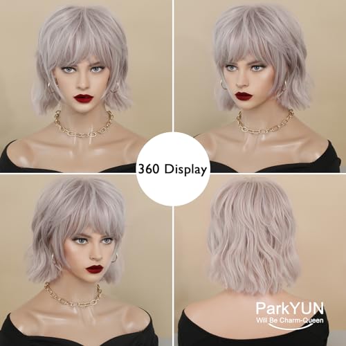 Short Straight Silver Wigs for Women - 12 inch Synthetic Layered Emo Wig with Bangs, 150% Glueless & Heat Resistant Wig with Blunt Cut Ending for Girls Daily Party Costume - Image 4