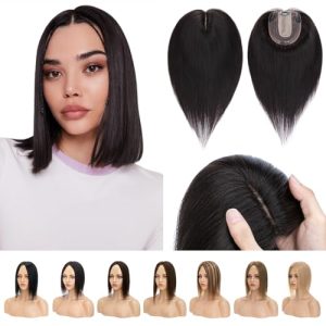 S-noilite 8 Inch Natural Black Human Hair Clip-in Topper for Women's Thinning Hair