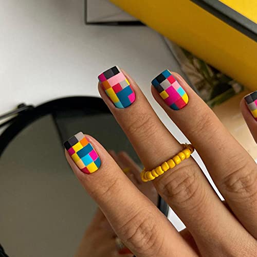 Press on Nails Short Square Fake Nails Glossy Stick on Nails Colorful Squares False Nails with Designs Glue on Nails Artificial Fake Nails Acrylic False Nails for Women Girls Nail Decorations 24Pcs - Image 4