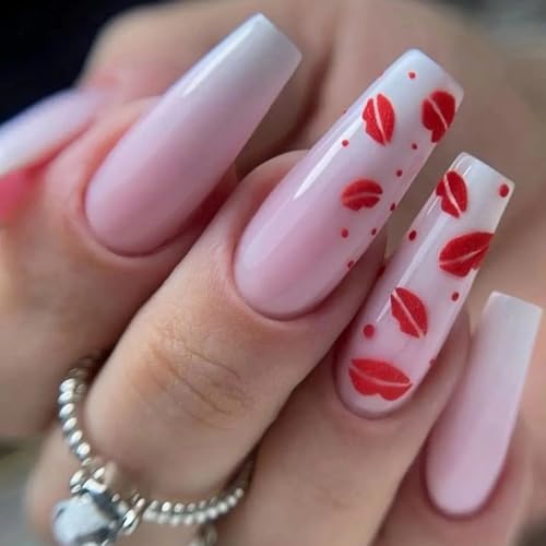 MISUD 24 Piece Pink White Ombre Long Coffin Press On Nails for Valentine's Day