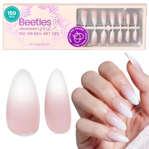 Beetles Almond French Tip Press on Nails 150PCS, 4-IN-1 Medium Nude Gradient Gel Nail Tips Etch X Pre-Primer & Base Coat, No File Need Easy False Nail Tips for Nail Extension Nail Art DIY Design