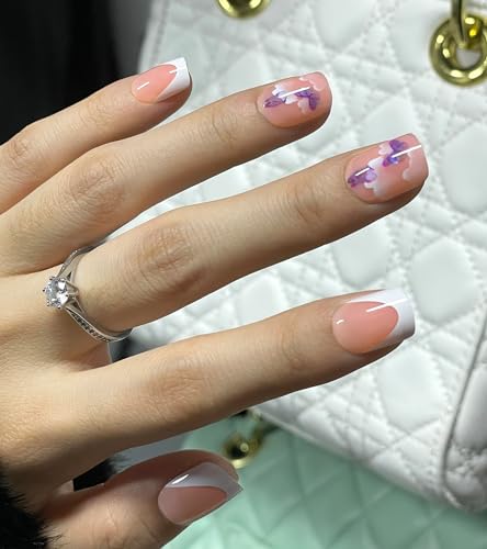 Morily 24 Piece Short French Tip Press on Nails Purple Butterfly White Cloud Design - Image 2