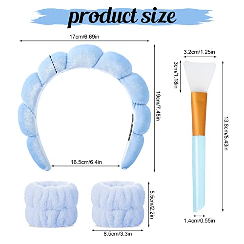 Sponge Spa Headband Wrist Washband Scrunchies Cuffs for Face Washing Set,Big Spa Hairband Towel Wash Wristbands Mask Brush for Women Girls Makeup Hair Accessory(4 blue) - Image 8