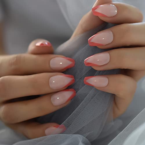 Short Coffin Red Color French V Shape Press On Nails Uv Gel Fingernails Salons At Home Glossy Nails Red Top Artificial Manicure With 24 Pcs Adhesive Sticker Tabs Woody Stick Mini File Daily Wear - Image 5