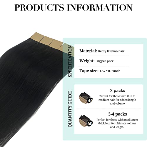 DOORES Tape in Hair Extensions Human Hair, 18 Inch 50g 20pcs Jet Black, Human Hair Extensions Tape in Remy Straight Hair Extensions Skin Weft Double Side Tape - Image 3