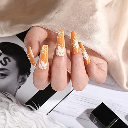 Long Press on Nails Coffin Fake Nails with Nail Glue Full Cover Orange False Nails with Flower Designs Acrylic Artificial Nails Stick on Nails for Women Nail Decorations 24Pcs - Image 2