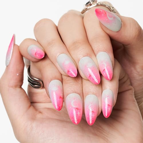 GLAMERMAID Hot Pink Ombre Press on Nails Short Almond, Gothic Pink Crush Nails Medium, Short White Glue on Nails Oval Stick on Fake Nails Gel Set, Glitter Acrylic Stiletto False Nail Kit for Women - Image 3