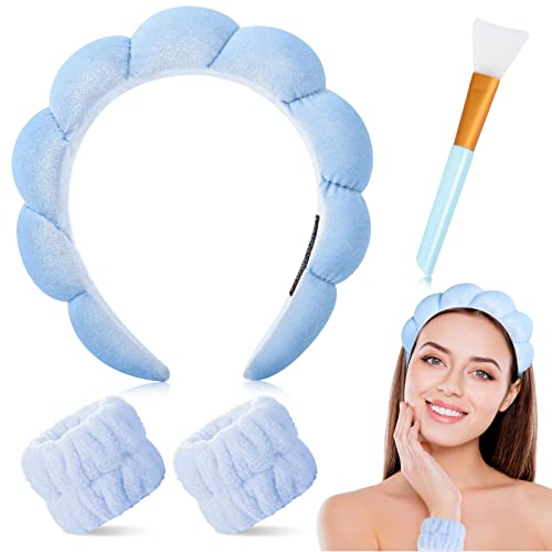 Sponge Spa Headband Wrist Washband Scrunchies Cuffs for Face Washing Set,Big Spa Hairband Towel Wash Wristbands Mask Brush for Women Girls Makeup Hair Accessory(4 blue) - Image 9