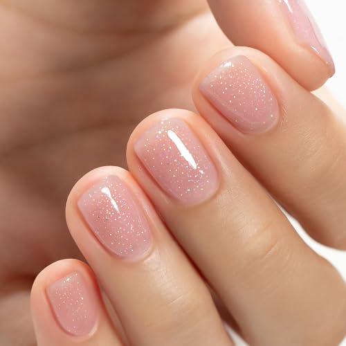 RARJSM Nude Glitter Rubber Base Gel Nail Polish Icy Jelly Pink Rainbow Shimmer Rubber Base Gel for Nails Iridescent Brush on Quick Extend Builder Hard Gel Soak Off Curing Requires 15ml French Manicure - Image 3