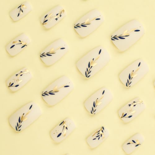 24Pcs White Press on Nails Square Medium Short Acrylic Fake Nails Gold Blue Splicing Leaves Design False Nails Full Cover Leaf Glue on Nails Reusable Coffin Artificial Stick on Nails for Women Girls - Image 6