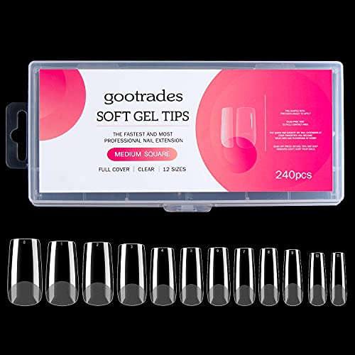 Medium Square Gel X Nail Tips Extension, 240PCS Clear Soft Gel Full Cover Nail Tips, M Square Press On False Nail Tips for Salons, and DIY Nail Art at Home (12 Sizes)