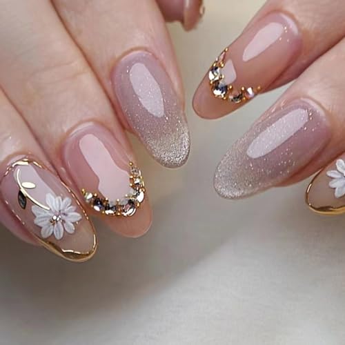 SHANRUN 24 Pcs Short Almond Oval Spring Rhinestone Cat Eye Flowers Glossy Gel-X Fake Nails Kit