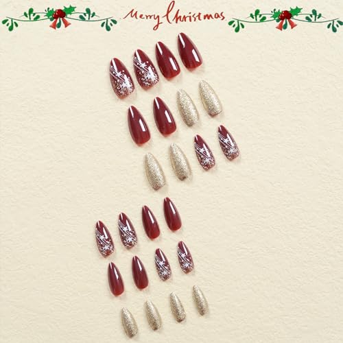 IMSOHOT Christmas Press on Nails Medium Almond Shape Fake Nails Dark Red Acrylic False Nails Glitter Gel Reusable Glossy Glue on Nails for Women and Girls 24Pcs - Image 2