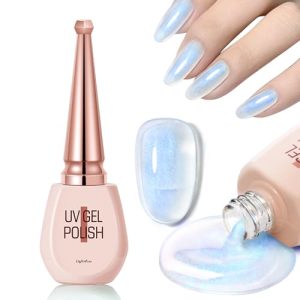 Jelly Nude Aurora Chrome Nail Polish Gel, Iridescent Shimmer Sheer Neutral Translucent Jelly Gel Crystal Clear Pearl Shine Glossy UV/LED Cure Soak Off Nail Art Manicure # Mermaid Blue