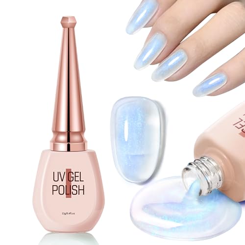 Jelly Nude Aurora Chrome Nail Polish Gel, Iridescent Shimmer Sheer Neutral Translucent Jelly Gel Crystal Clear Pearl Shine Glossy UV/LED Cure Soak Off Nail Art Manicure # Mermaid Blue