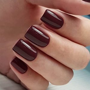 Press on Nails Short Square - Kikmoya Burgundy Solid Glossy False Fake Nails - 24pcs Squoval Stick on Nails for Women