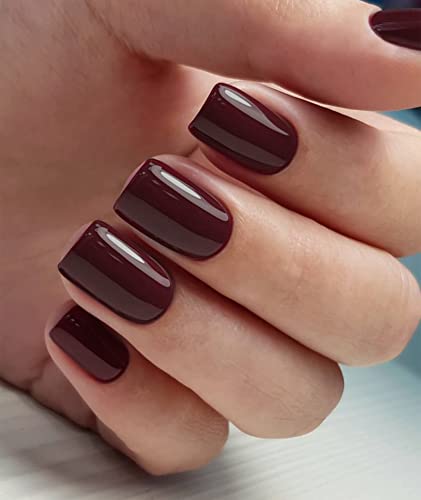 Press on Nails Short Square - Kikmoya Burgundy Solid Glossy False Fake Nails - 24pcs Squoval Stick on Nails for Women