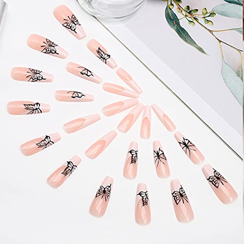 Long Square Coffin Press on Nails Glossy Pink Butterfly Fake Nails Designed Full Cover Ballerina French Nails Tips Punk Acrylic Artificial False Nails Sets for Women and Girls 24Pcs (A) - Image 2