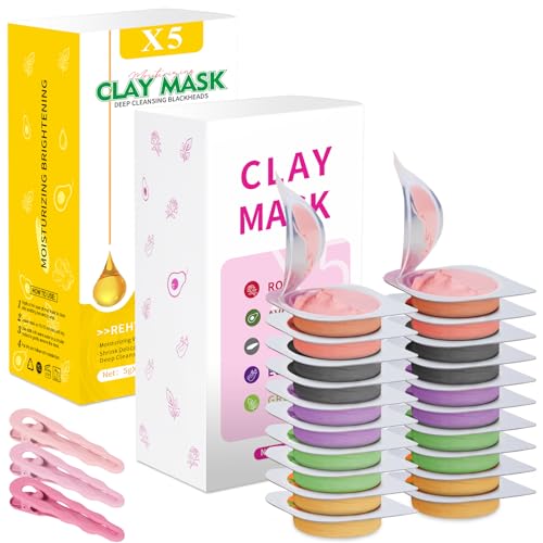 20 Pods Clay Facial Mask Set - Green Tea,Turmeric, Dead Sea Mud,Rose, 24K Gold,Eggplant,Avocado,Mud Mask Deep Pore Cleansing Acne Blackhead Removal,Men & Women Face Mask Skin Care.