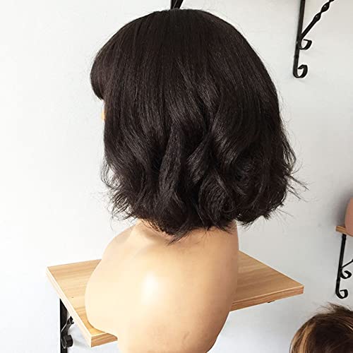 10inch Short Yaki Wavy Bob Human Hair Wig with Bangs 180% Density Short Cut Scalp Wig None Lace Italian Yaki Human Hair Wigs Glueless Wavy Black Bob Bangs Scalp Top Human Hair for Women - Image 4