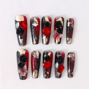 Fake Nails Handmade Press on Nails 3D Rhinestone Stylish Gel Reusable 10pcs Long Coffin Fake Nails Suitable for Halloween and Christmas (Red and Black-M)