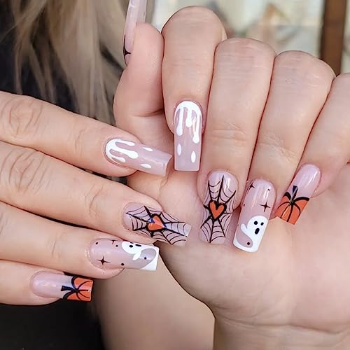 24 PCS Halloween Press on Nails Medium Coffin Square Fake Nails Star False Nails with Spider Web Pumpkin Design Glue on Nails Full Cover Artificial Nails Tips for Women Girls Nail Art Decoration