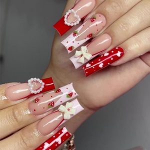 24Pcs Long Press on Nails Square Fake Nails White French Tip Glue on Nails Cute Heart Bowknot Charm Stick on Nails with Strawberry Pattern Designs Acrylic Nails for Women Nails Decorations