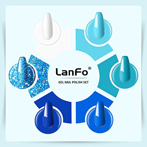 LanFo 6-Color Blue Glitter Gel Nail Polish Set for Home DIY Manicure - Image 2