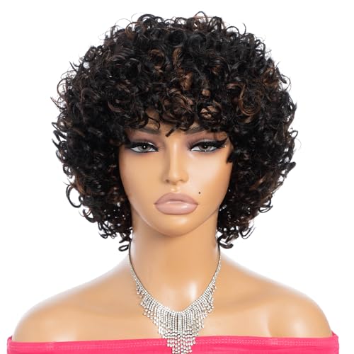 Rebecca Fashion Short Curly Wigs with Bangs Human Hair 8" Curly Wigs for Black Women Black Mixed Brown Color 150% Density Brazilian Virgin Hair (F1B/30)