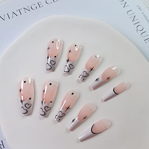 French Tip Press on Nails Long Coffin Fake Nails White Black Acrylic Nails Glossy Glue on Nails Winter False Nails Line Star Heart Stick on Nails with Design Artificial Finger Manicure for Women Girls - Image 7